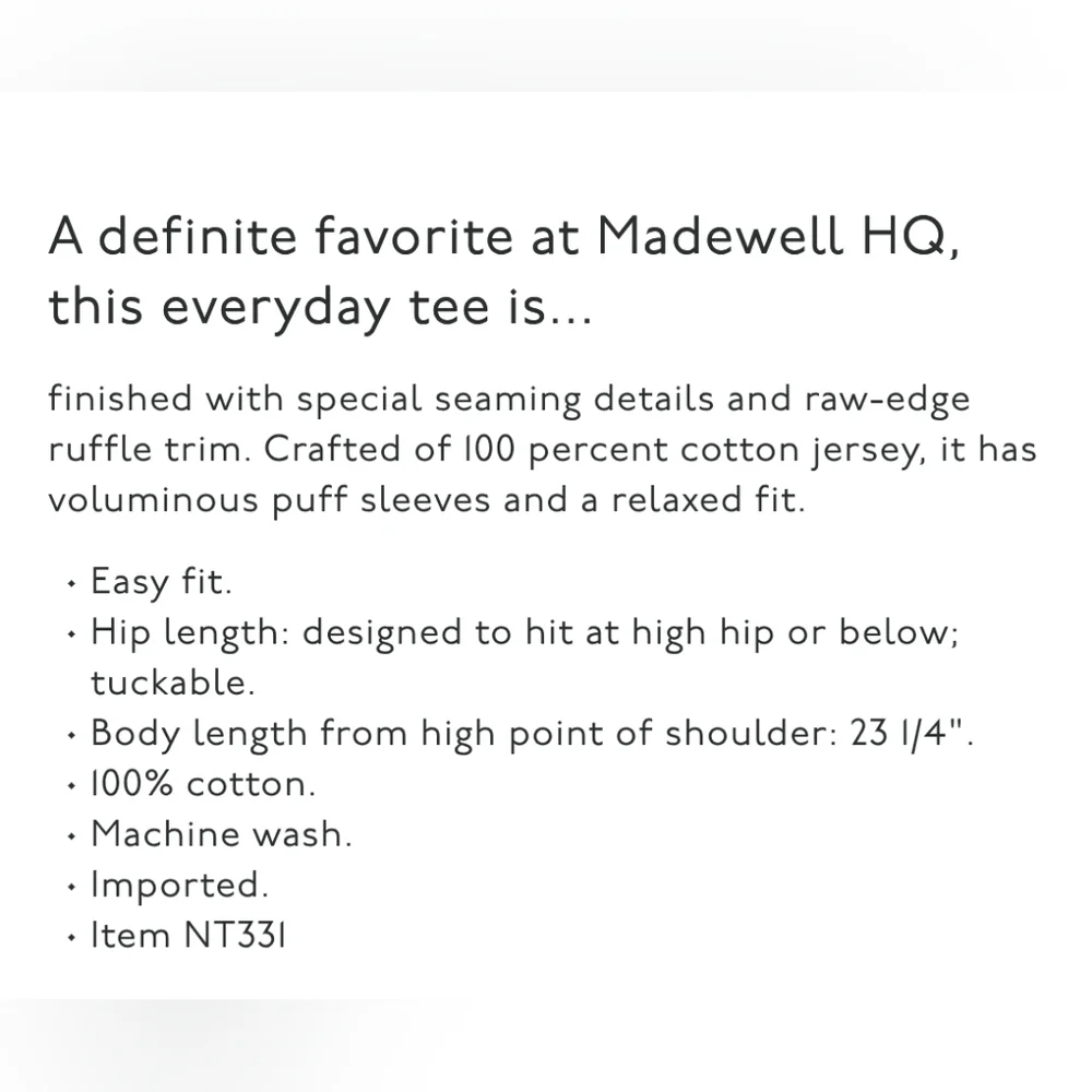 NWT Madewell‎ Classic White Puff-Sleeve Tee Womens Size XS